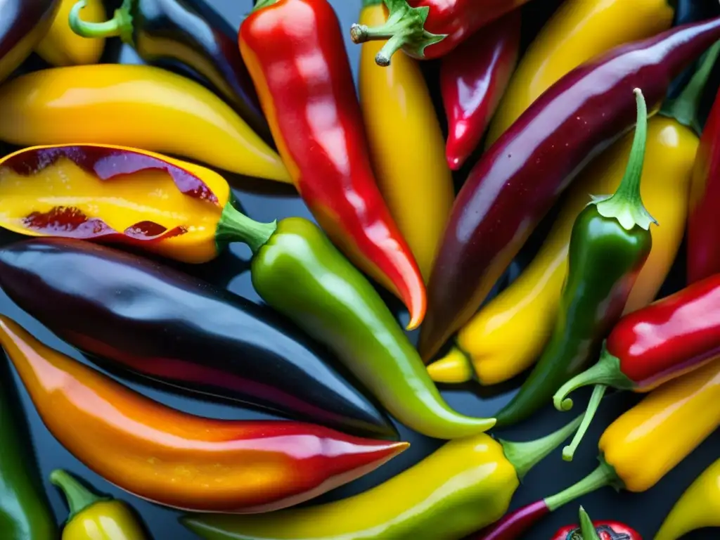 Un festín visual de ajíes de variadas formas y colores, resaltando la historia del ají en gastronomía