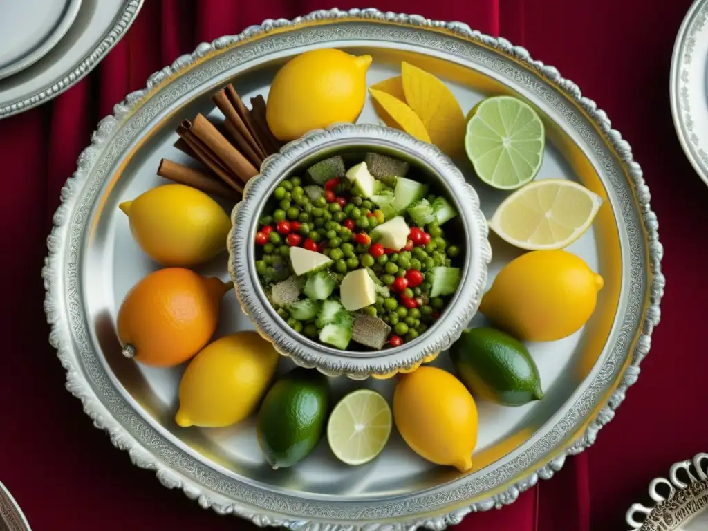 Una festiva bandeja de plata del siglo XIX con menús tradicionales de América, fusionando sabores y culturas