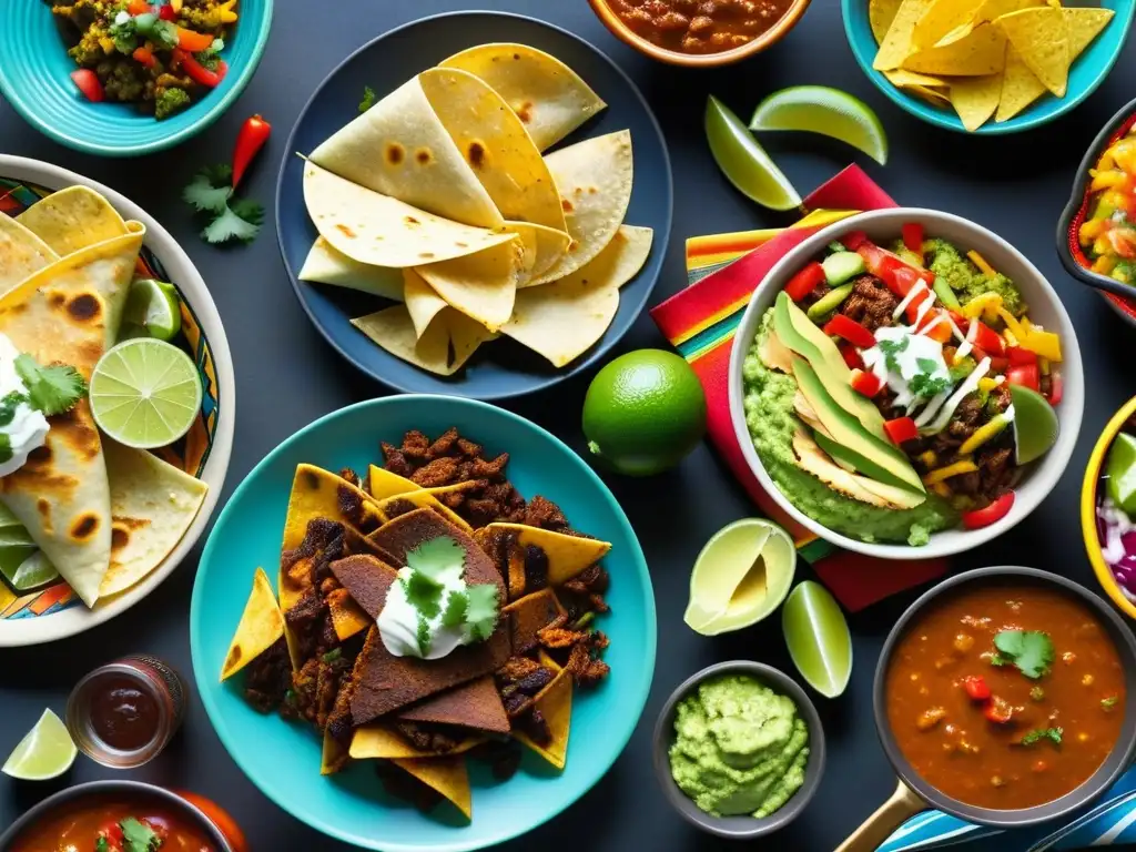 Una festiva y colorida mesa repleta de platillos TexMex en celebraciones familiares