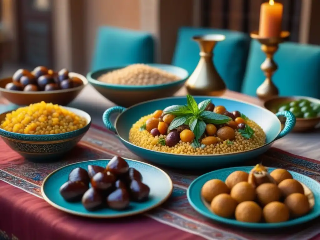 Una festiva mesa comunitaria en el Magreb, rebosante de coloridos platos y tradición culinaria festividades Magreb