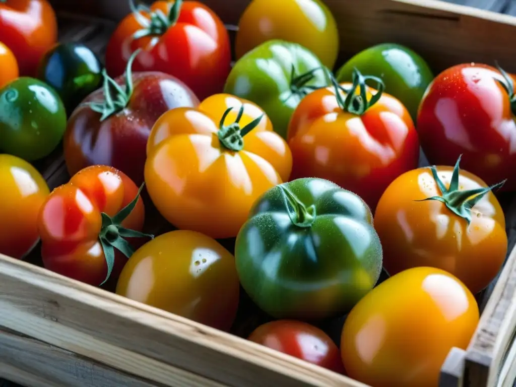 Un festival de tomates orgánicos en caja de madera rústica