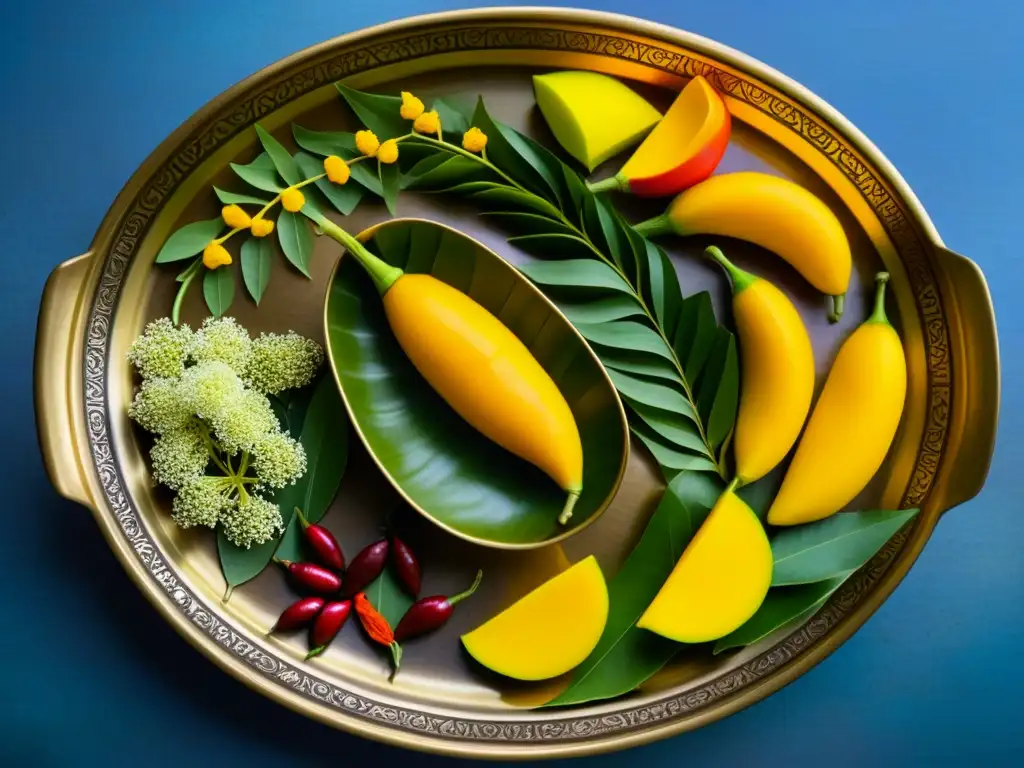 Un festivo arreglo de Ugadi Pachadi con ingredientes tradicionales y vibrantes colores en plato de latón vintage