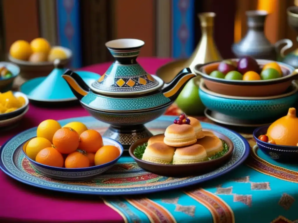 Un festivo banquete tradicional en el Magreb, con coloridos y elaborados platos en mesa ricamente decorada