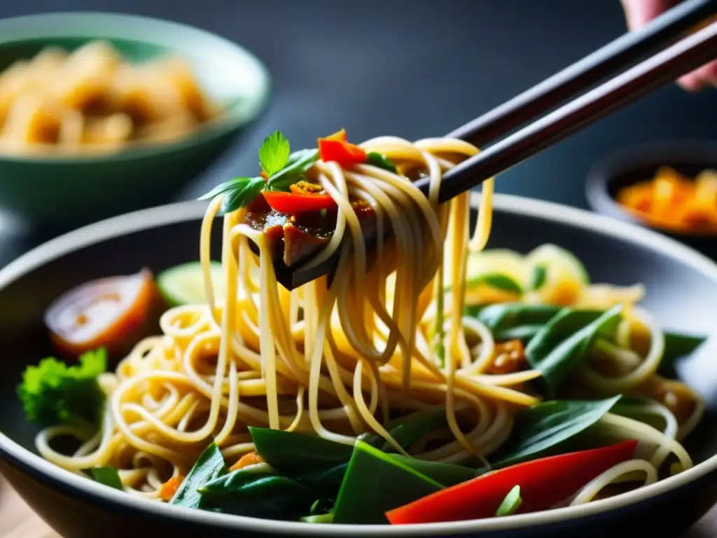 Chopsticks elevando fideos fusionados en cocina IndoChina, una mezcla de sabores y colores vibrantes