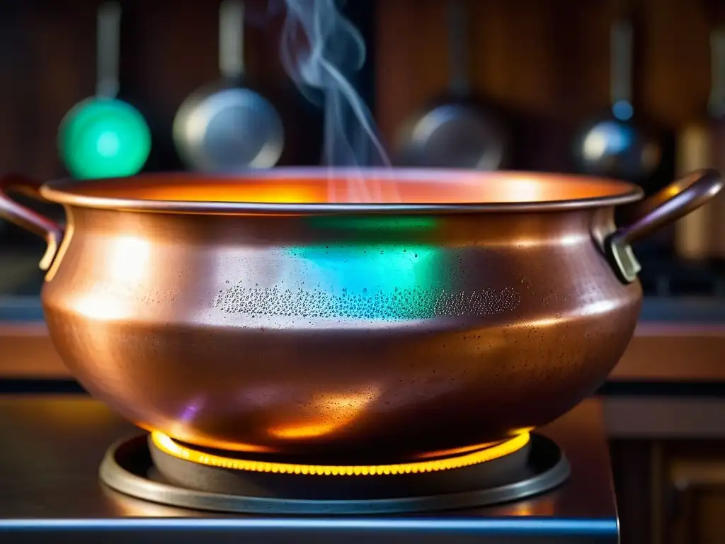 Recreación de fiestas históricas con electrodomésticos inteligentes: Detalle de caldero de cobre vintage iluminado con LED en cocina tradicional