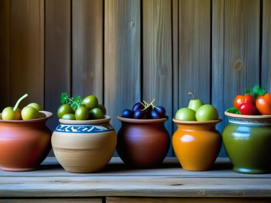 Una fila de antiguas ollas de barro llenas de vegetales y frutas encurtidos, en una mesa de madera rústica