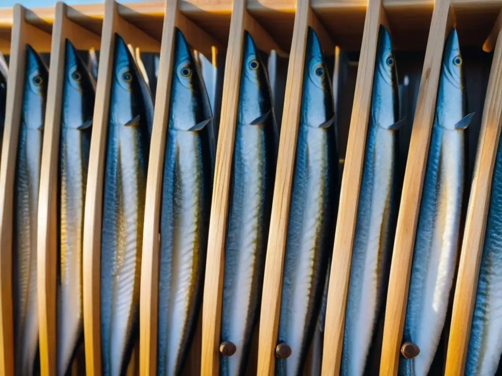 Filas de pescado seco en un tradicional bastidor de madera nórdico bajo el sol dorado, resaltando la técnica ancestral de preservación