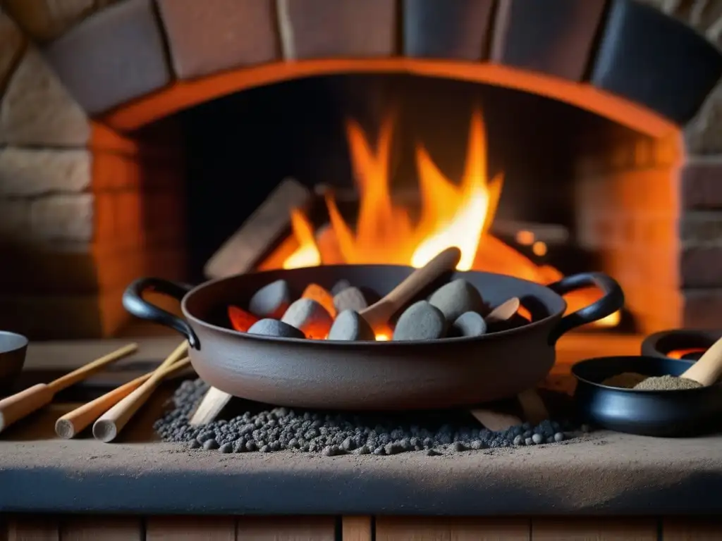 Un fogón antiguo detallado con utensilios de cocina antiguos, iluminado por brasas brillantes