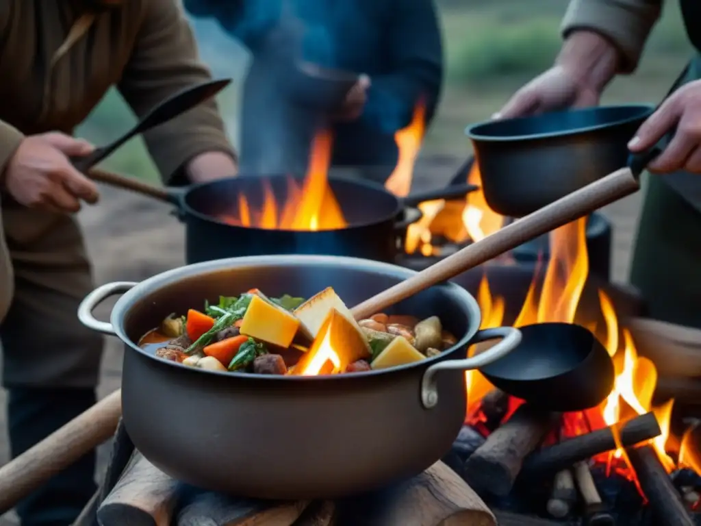 Un fogón en un campamento revolucionario, donde la alimentación une a combatientes con determinación y camaradería