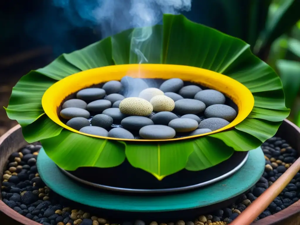 Detalle asombroso de un fogón amazónico tradicional Un fogón tradicional amazónico detallado, con piedras calientes, hojas de plátano y comida cocinándose lentamente bajo tierra
