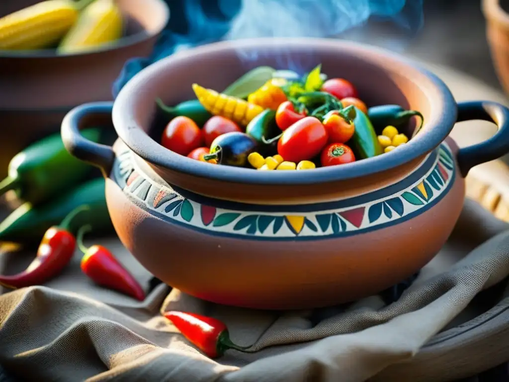 Olla prehispánica llena de ingredientes vibrantes sobre brasas calientes Fogones prehispánicos: milenarios ingredientes en olla de barro sobre brasas calientes
