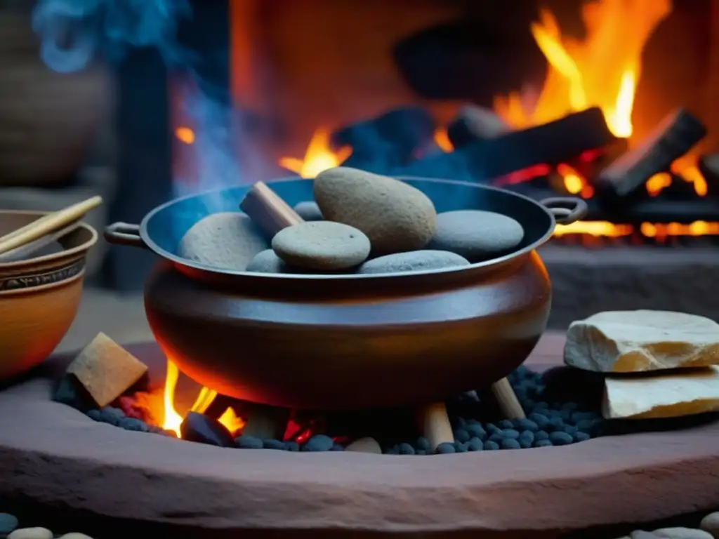 Hoguera ancestral prehispánica: detalle 8k de cocina tradicional Fogones prehispánicos técnica cocción milenios: Detalle de fogón prehispánico con piedras y leña ardiendo bajo olla de guiso burbujeante