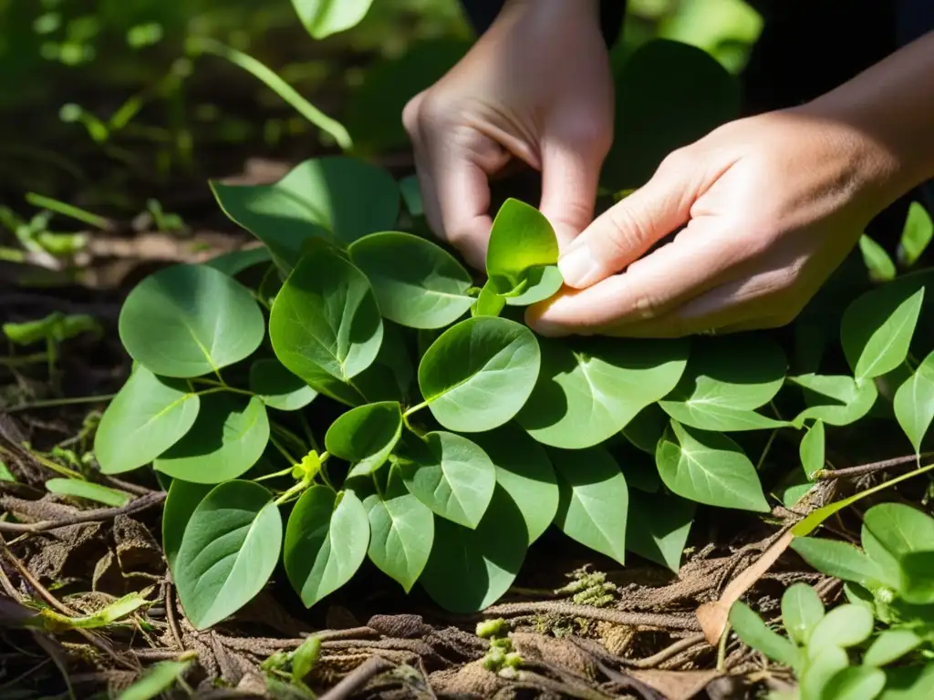 Un forrajeador sostenible selecciona hojas vibrantes de sorrel silvestre en un bosque, mostrando la red de venas y texturas terrosas