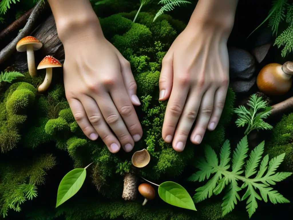 Un forrajero sostenible se sumerge en la naturaleza, recogiendo hierbas y hongos en un bosque exuberante