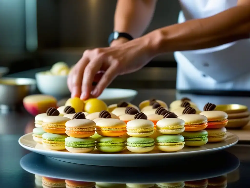 Un macaron francés siendo armado con maestría en una cocina sudamericana, fusionando técnicas culinarias francesas con ingredientes locales