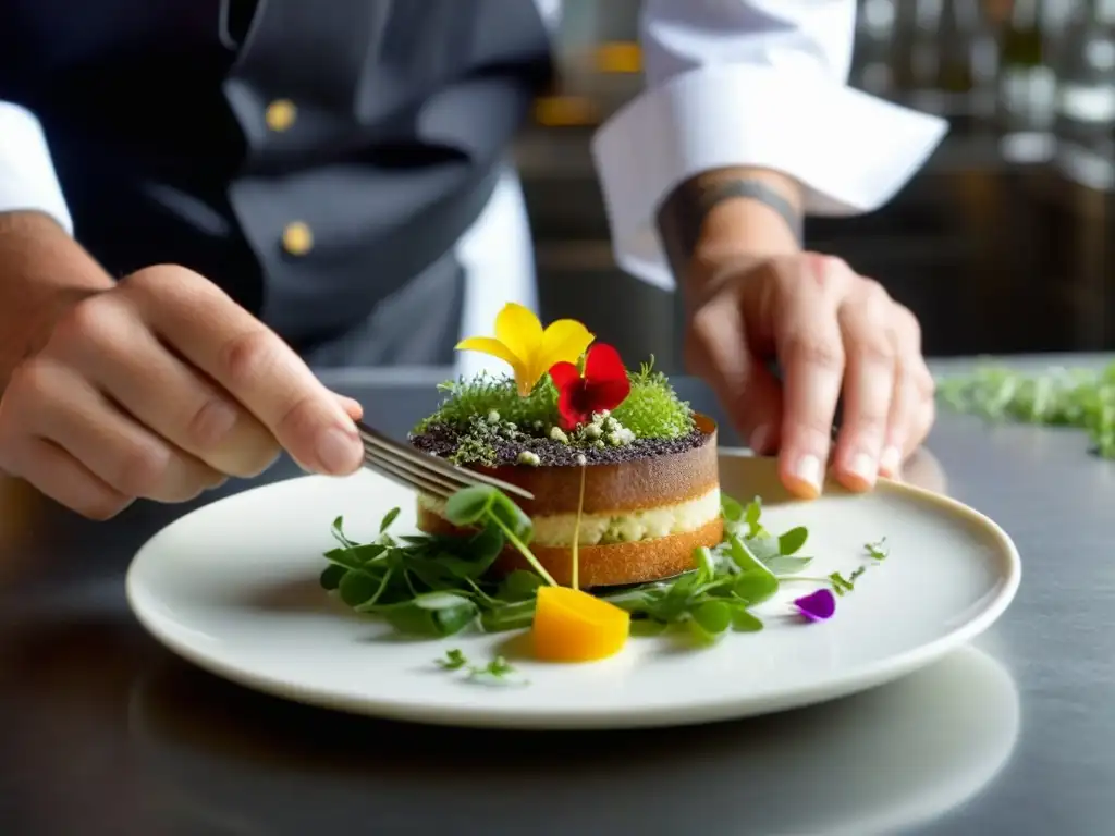 Sofisticación francesa en cocina sudamericana: chef meticuloso preparando un plato delicado con flores comestibles y microgreens