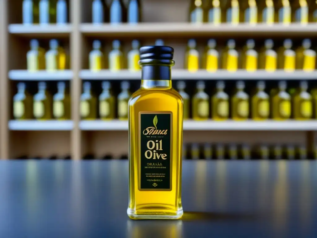 Un frasco de vidrio con aceite de oliva dorado, rodeado de hierbas y especias orgánicas