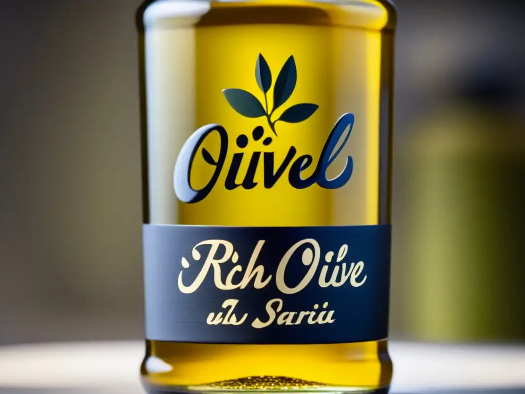 Un frasco de vidrio artesanal lleno de aceite de oliva extra virgen, reflejando calidad y pureza