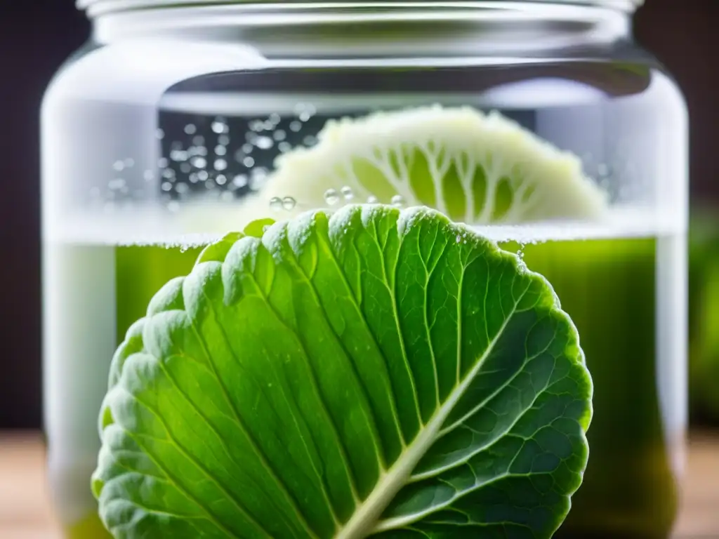 Delicioso sauerkraut fermentado: burbujas y texturas en tarro Un frasco de vidrio con chucrut fermentado, burbujas e texturas, hojas de col verde, brillo natural