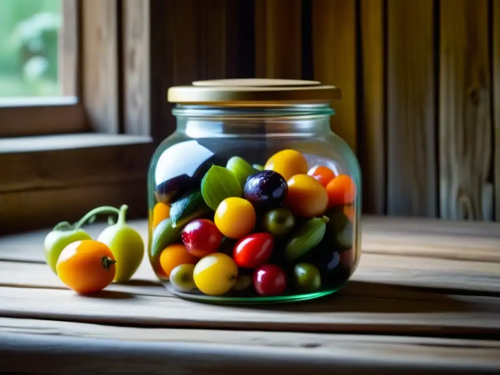 Conserva de alimentos: colores vibrantes en tiempos de guerra Un frasco de vidrio lleno de frutas y verduras en conserva, resaltando colores y texturas, sobre una mesa de madera rústica con luz natural