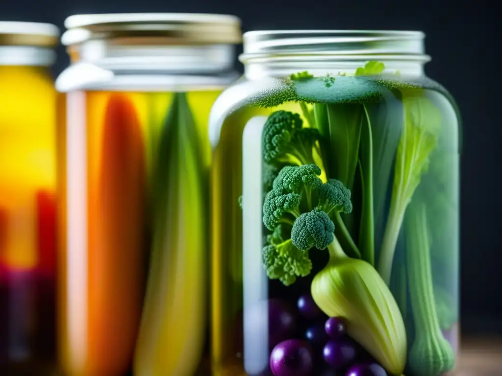 Un frasco de vidrio con vegetales coloridos en fermentación, reflejando vitalidad