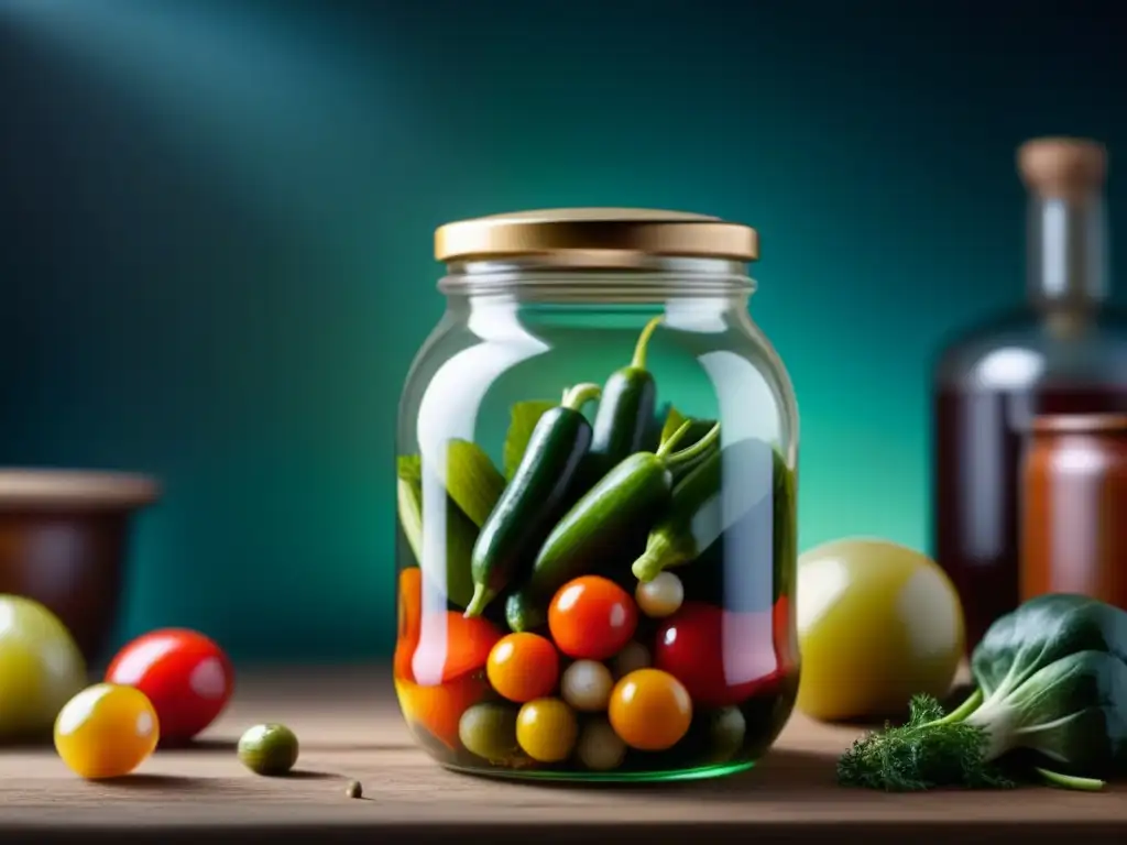 Un frasco de vidrio con vegetales encurtidos, muestra la fermentación con burbujas y colores vibrantes