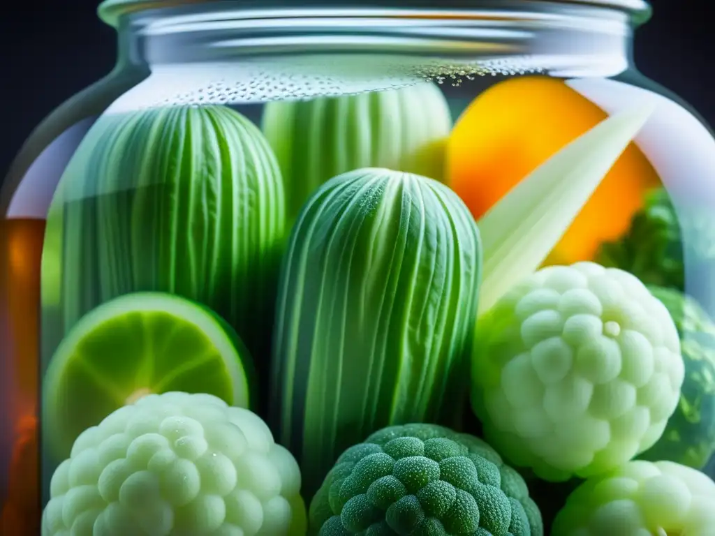 Un frasco de vidrio vintage rebosante de vegetales fermentados, burbujeando en una brisa colorida