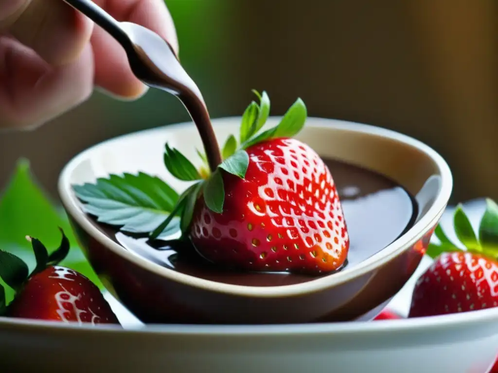 Deliciosa fresa roja sumergida en chocolate fundido Una fresa madura sumergiéndose en fondue de chocolate, mostrando contraste de texturas y colores