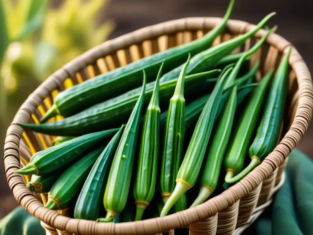 Okra fresca y vibrante en cesta tejida, destacando texturas e ingredientes africanos en recetas históricas