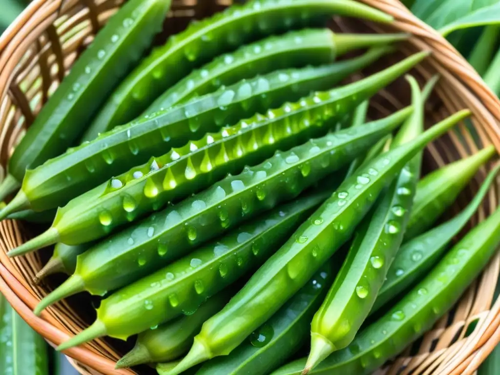 Okra fresca y vibrante en cesto de mimbre, cubierta de rocío matutino bajo la luz suave