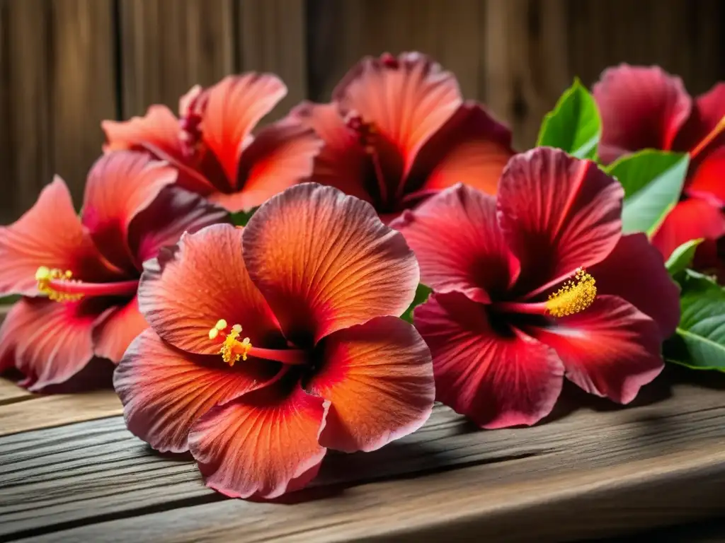 Frescas Flores de Jamaica en mesa rústica, detalladas y vibrantes, listas para cocinar