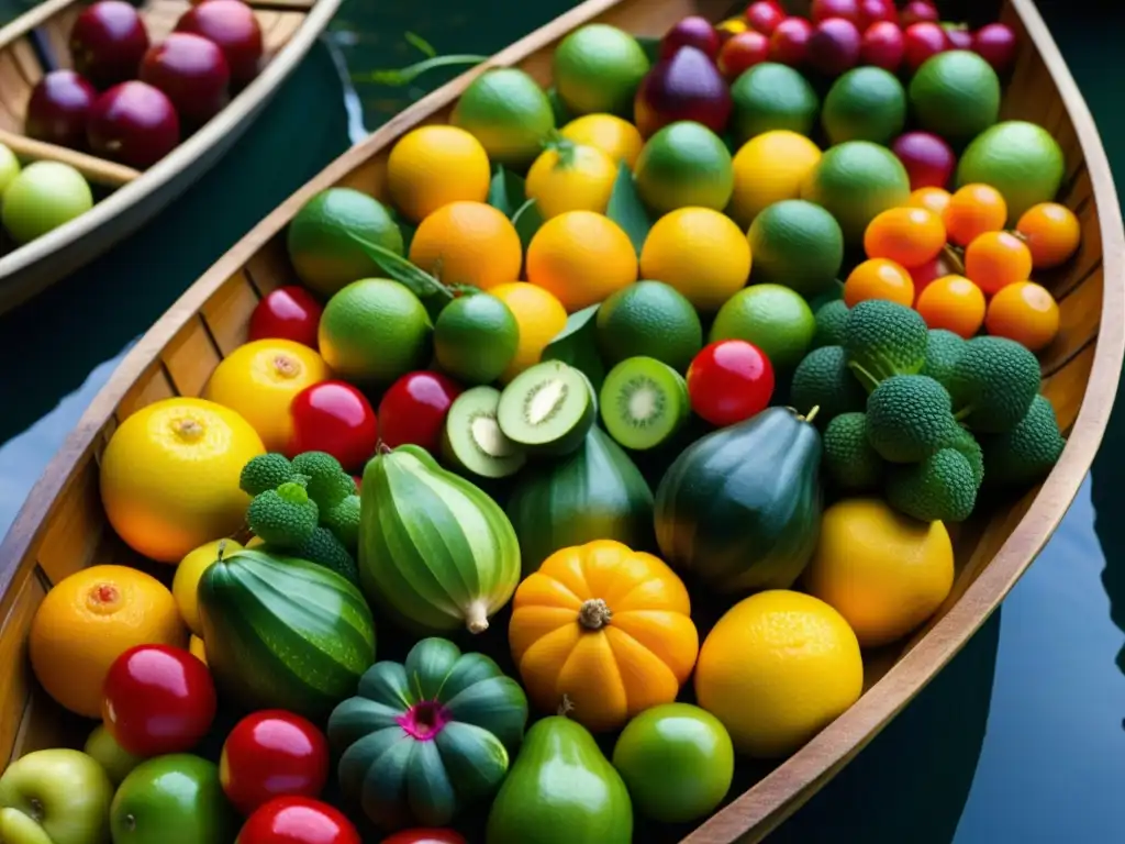 Frescos frutos y verduras en un mercado flotante en Asia, colores vibrantes y patrones detallados