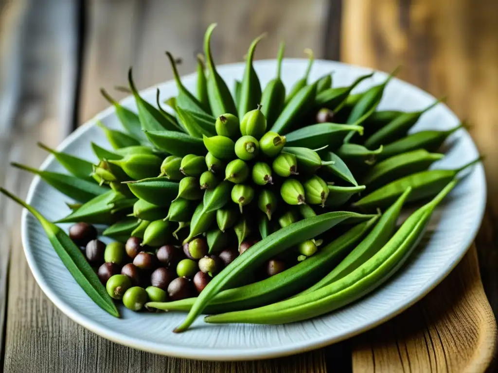 Okra, frijoles y plátanos en mesa rústica, destacando texturas y colores