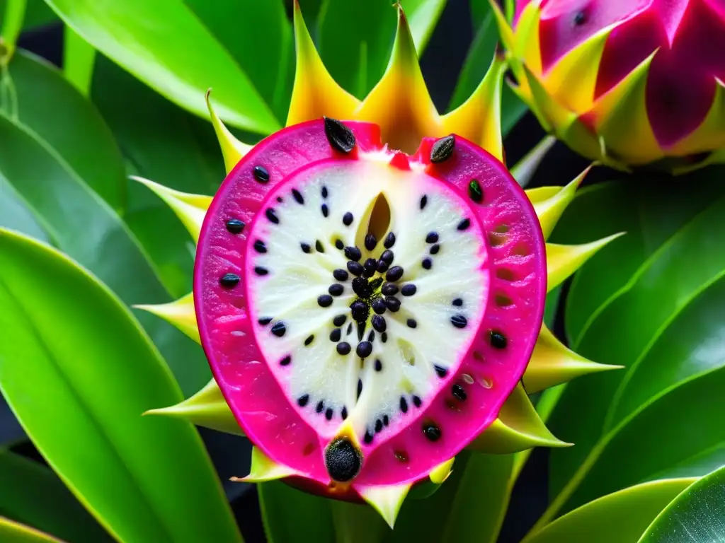 Una fruta exótica y vibrante: la pitahaya revela su pulpa rosa salpicada de semillas negras, entre hojas verdes tropicales