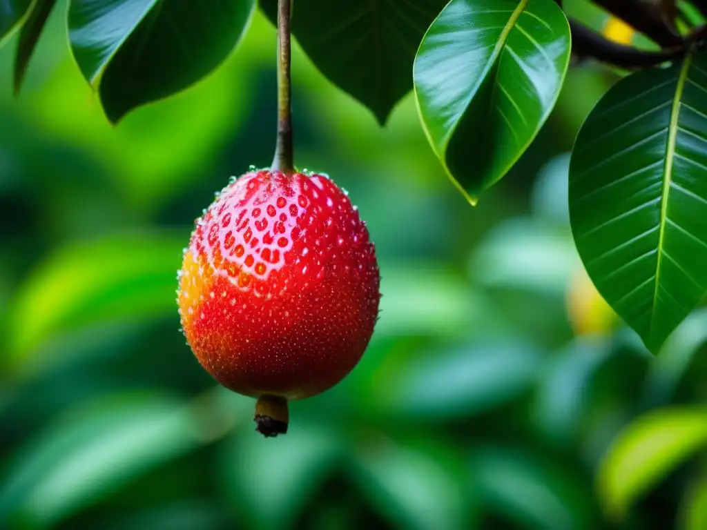 Una fruta tropical madura y vibrante cuelga de un árbol en las Islas del Pacífico