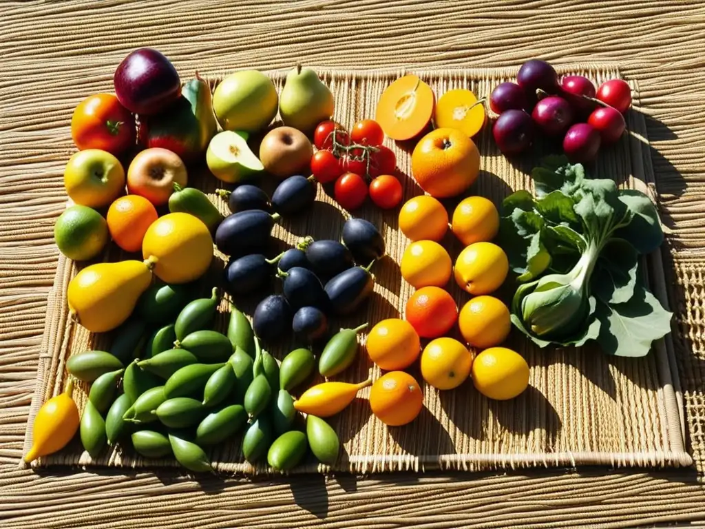 Frutas y verduras en secado al sol, resaltando métodos históricos conservación alimentos sin conservantes