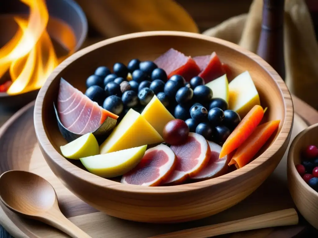 Fotografía de cerca de una fuente de madera con ingredientes secretos de la dieta vikinga, con una decoración de barco vikingo