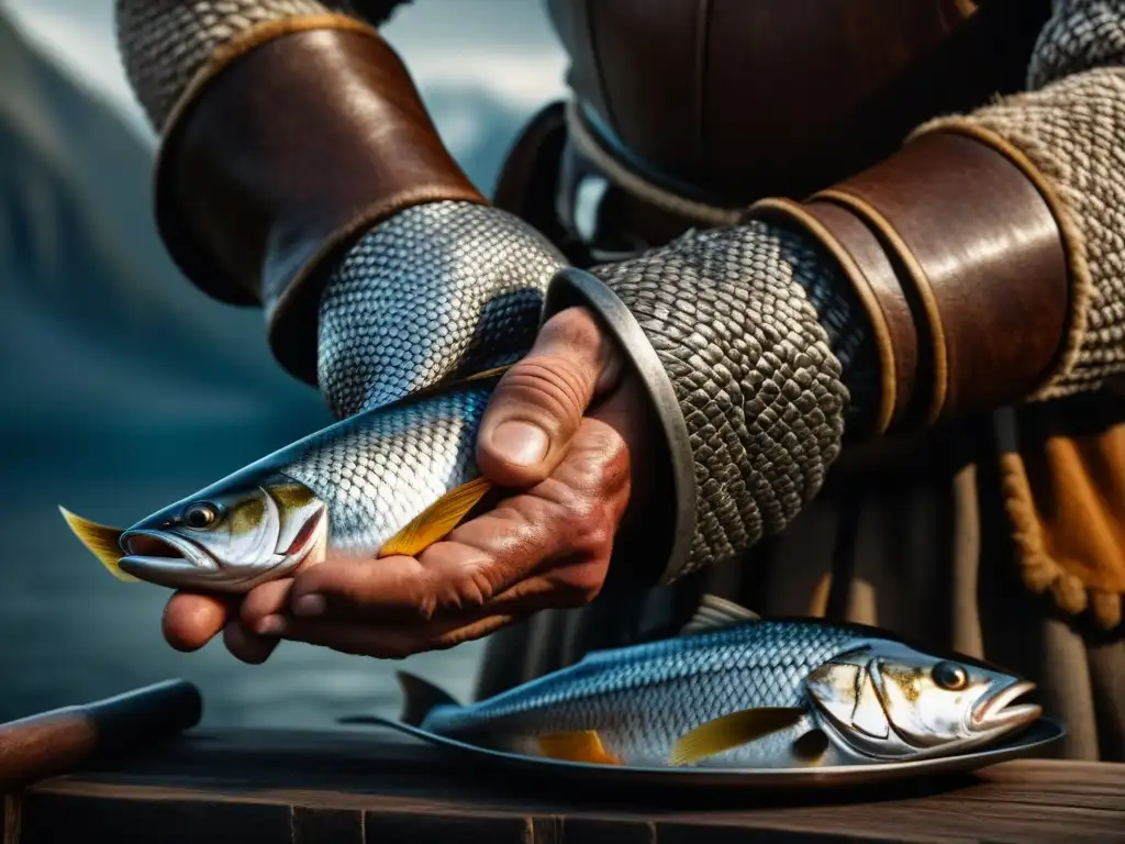 La fuerza de un guerrero vikingo se refleja en su mano agarrando un pez, en su mirada intensa y en su dieta proteica vikinga histórica