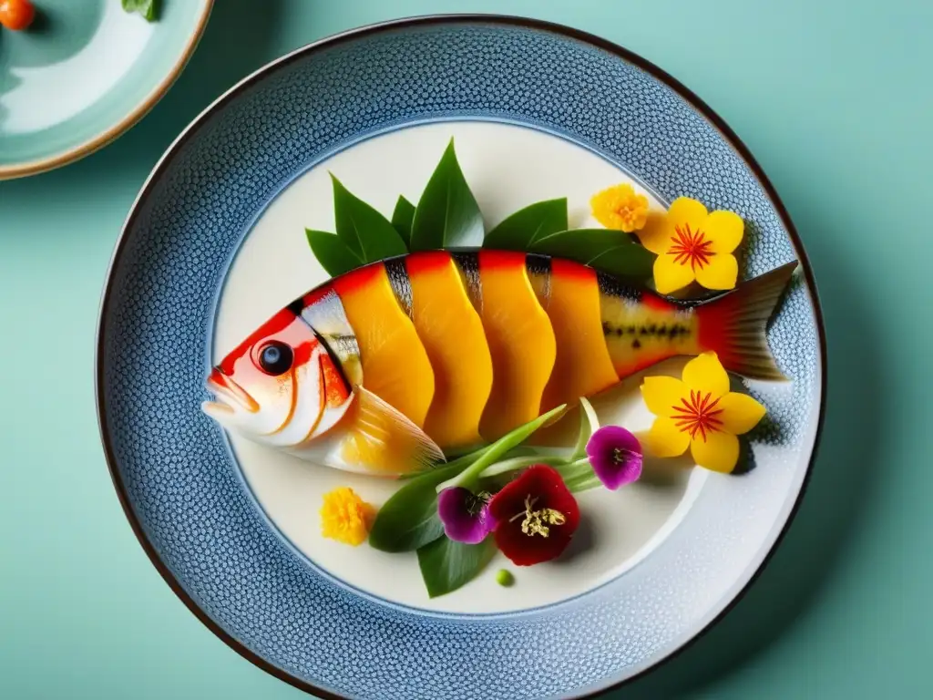 Una fusión culinaria Japón-Portugal en un plato de cerámica tradicional, destacando la armonía de sabores y texturas