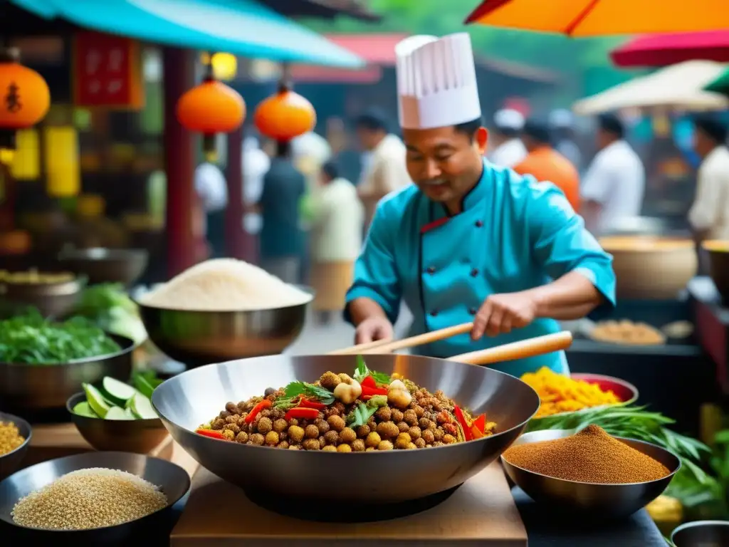 Una fusión detallada de la cocina china e influencia culinaria india en un bullicioso mercado asiático