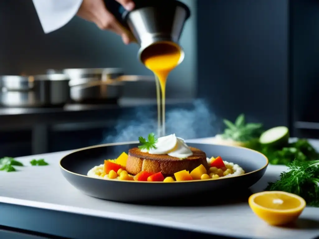 Una fusión única de cocina rusa contemporánea, tradición y modernidad en un plato detallado y vibrante