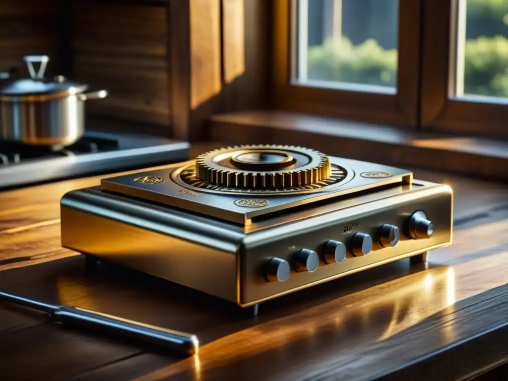 Un gadget de cocina alquímico moderno en una escena con recetas históricas y libros antiguos