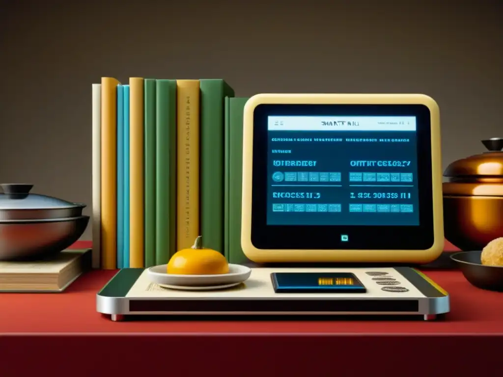 Recetas ancestrales en gadget futurista de cocina Un gadget de cocina inteligente futurista exhibe recetas tradicionales rodeado de libros y artefactos culinarios antiguos