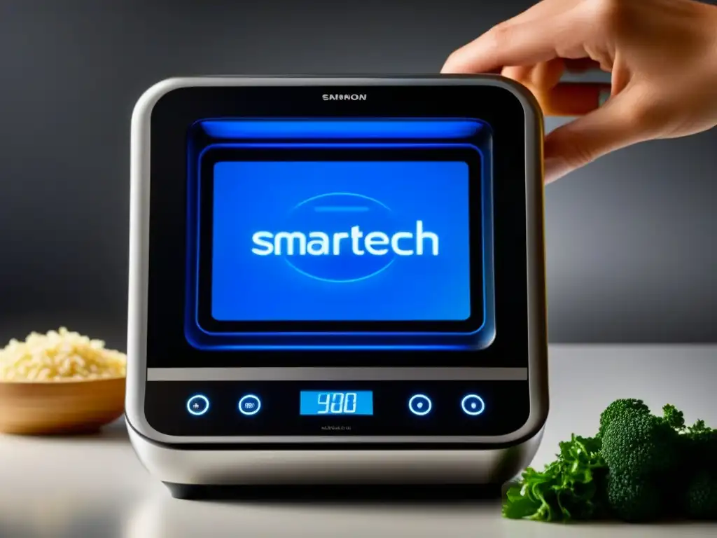 Un gadget de cocina inteligente en acción preparando un platillo histórico, fusionando tecnología moderna con tradiciones culinarias