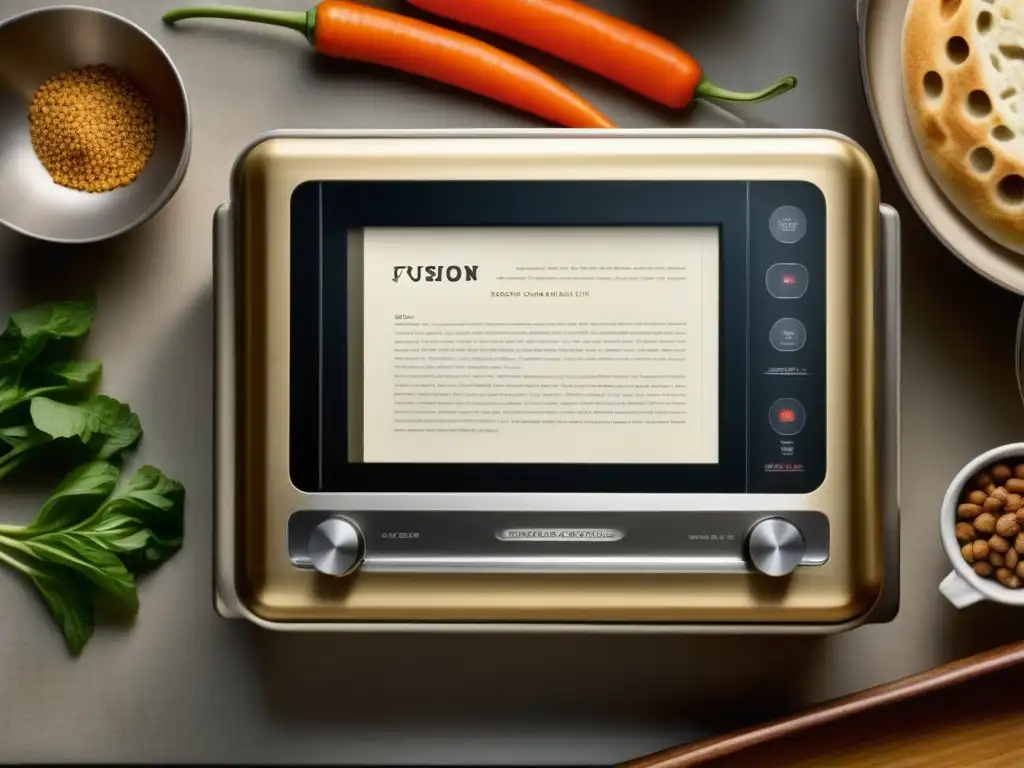 Un gadget de cocina moderno junto a una receta histórica, fusionando pasado y presente en la alquimia culinaria