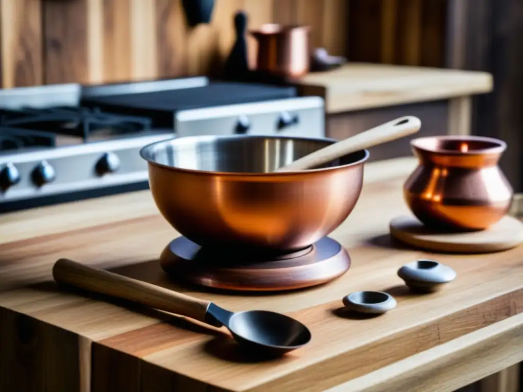 Un gadget de cocina moderno en una mesa de madera rústica rodeado de utensilios antiguos