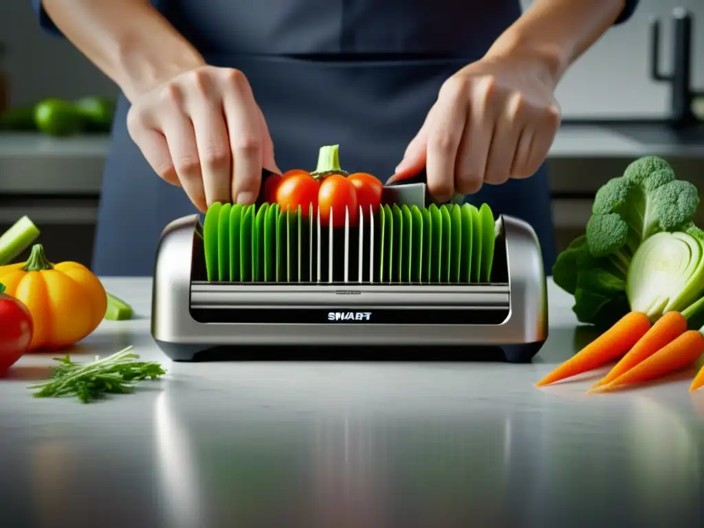 Un gadget de cocina moderno cortando precisamente verduras frescas