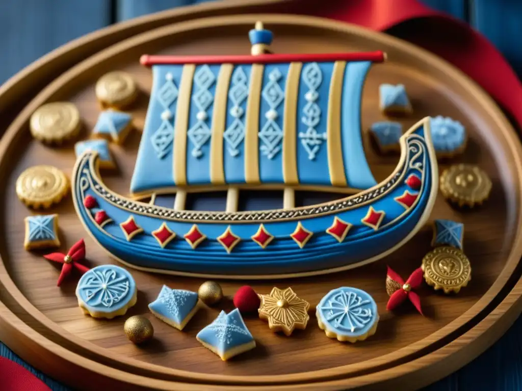 Galleta con forma de barco vikingo decorada con patrones nórdicos en azul, rojo y dorado