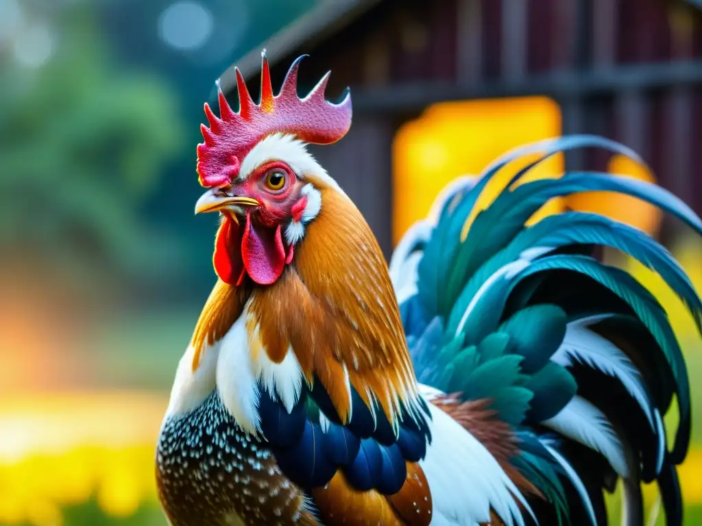 Gallo colorido cantando al amanecer en granja rústica