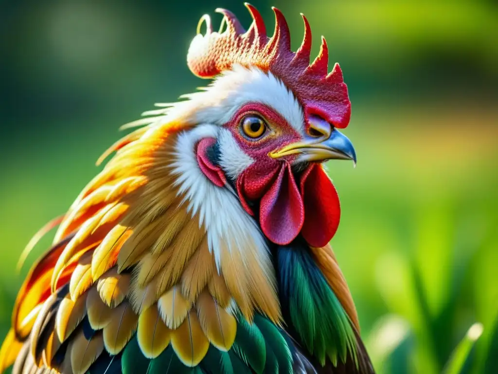 Un gallo majestuoso con plumas rojas, verdes y doradas, caminando orgulloso en un campo verde bajo la luz del sol